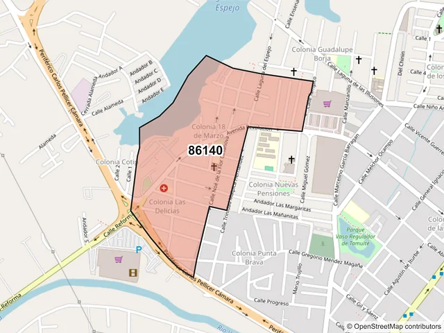 Mapa del código postal 86140, Villahermosa, Tabasco