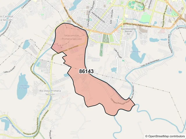 Mapa del código postal 86143, Villahermosa, Tabasco