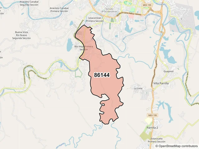 Mapa del código postal 86144, Villahermosa, Tabasco
