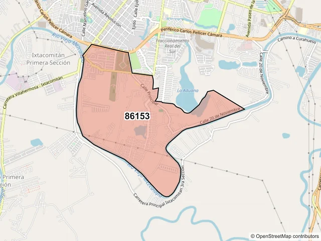 Mapa del código postal 86153, Villahermosa, Tabasco
