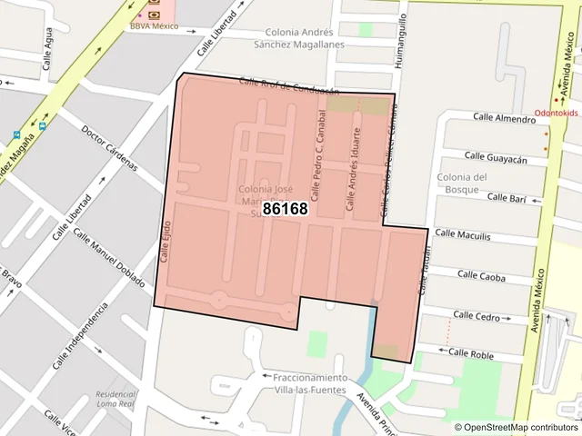 Mapa del código postal 86168, Villahermosa, Tabasco