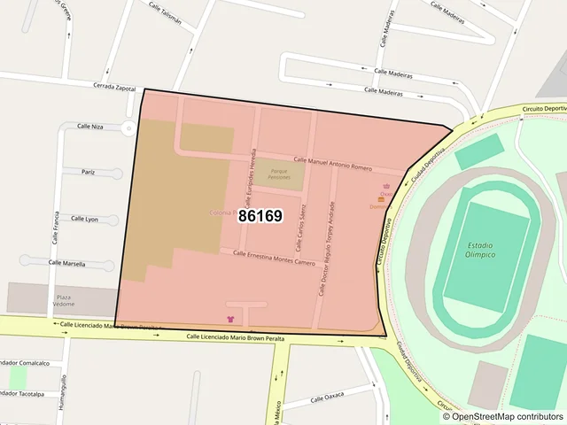 Mapa del código postal 86169, Villahermosa, Tabasco