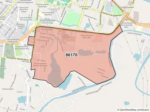 Mapa del código postal 86170, Villahermosa, Tabasco