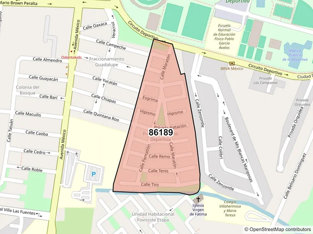 Mapa del código postal 86189, Villahermosa, Tabasco