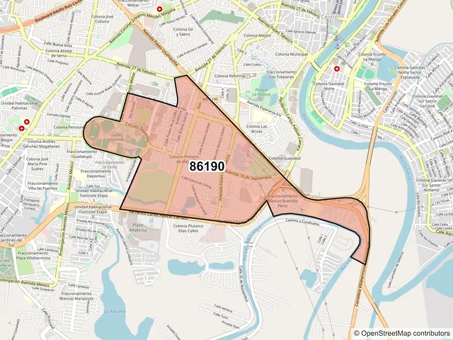Mapa del código postal 86190, Villahermosa, Tabasco