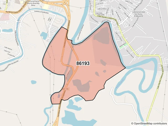 Mapa del código postal 86193, Villahermosa, Tabasco
