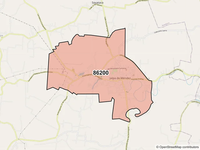 Mapa del código postal 86200, Jalpa de Méndez, Tabasco