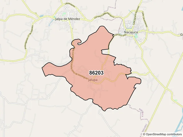 Mapa del código postal 86203, Jalpa de Méndez, Tabasco