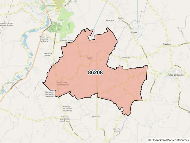 Mapa del código postal 86208, Jalpa de Méndez, Tabasco
