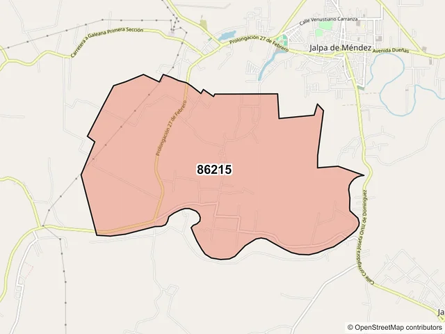 Mapa del código postal 86215, Jalpa de Méndez, Tabasco