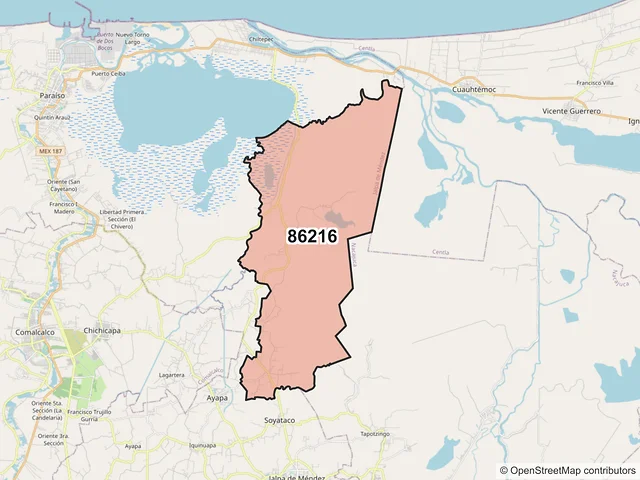 Mapa del código postal 86216, Jalpa de Méndez, Tabasco
