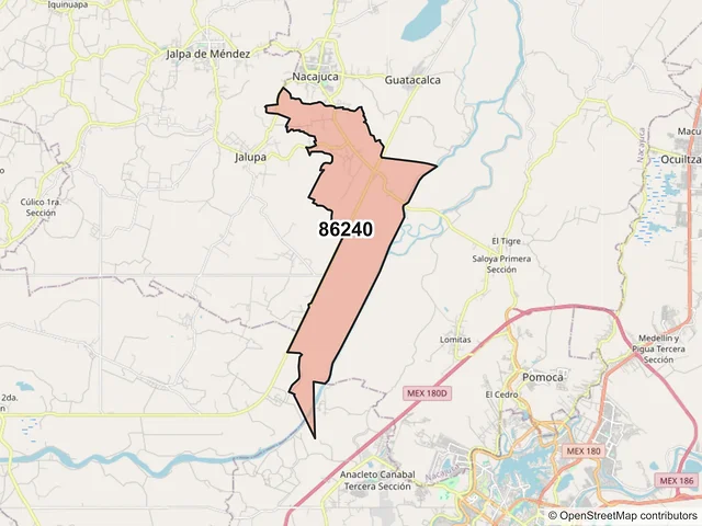 Mapa del código postal 86240, Nacajuca, Tabasco