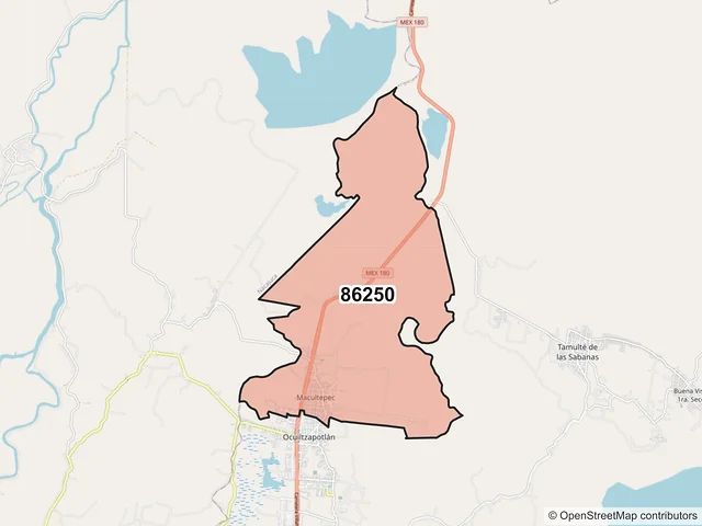 Mapa del código postal 86250, Centro, Tabasco