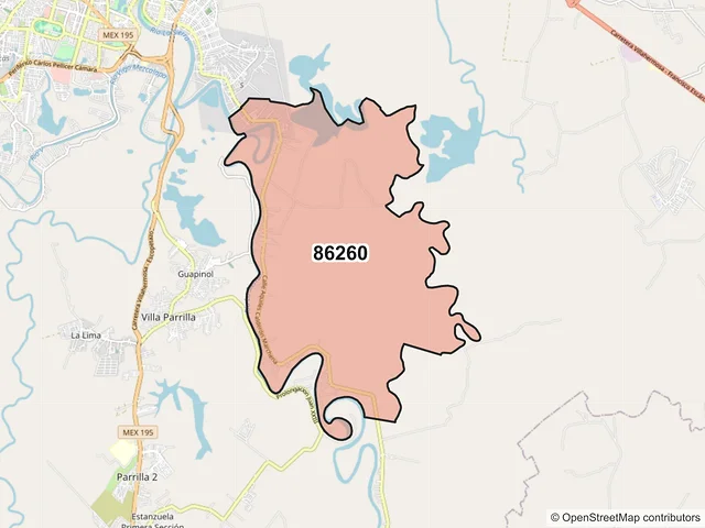 Mapa del código postal 86260, Centro, Tabasco