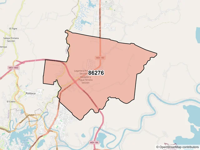 Mapa del código postal 86276, Centro, Tabasco