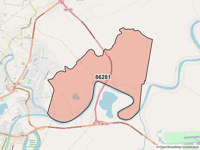 Mapa del código postal 86281, Centro, Tabasco