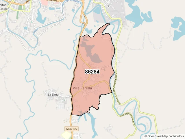 Mapa del código postal 86284, Centro, Tabasco