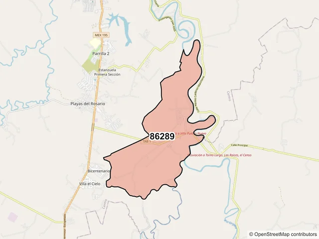 Mapa del código postal 86289, Centro, Tabasco