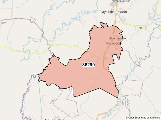 Mapa del código postal 86290, Centro, Tabasco