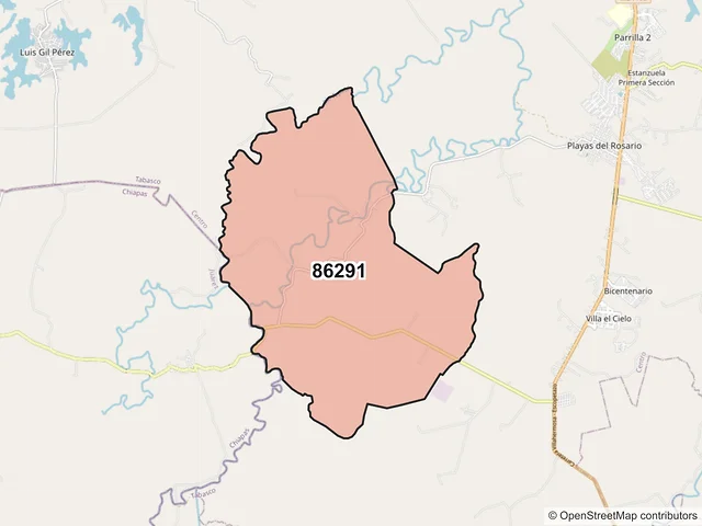 Mapa del código postal 86291, Centro, Tabasco