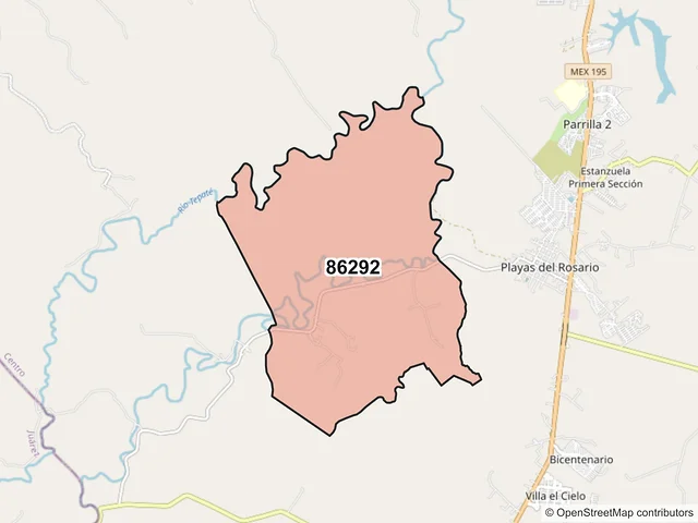 Mapa del código postal 86292, Centro, Tabasco