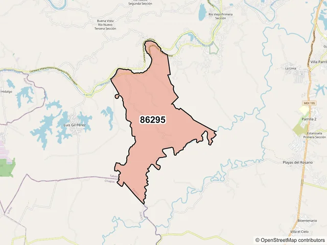 Mapa del código postal 86295, Centro, Tabasco
