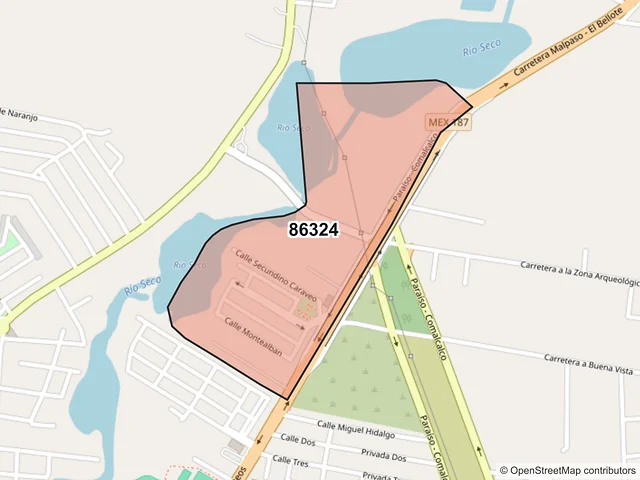 Mapa del código postal 86324, Comalcalco, Tabasco