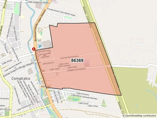 Mapa del código postal 86369, Comalcalco, Tabasco