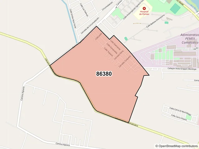 Mapa del código postal 86380, Comalcalco, Tabasco