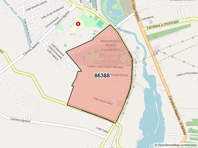 Mapa del código postal 86388, Comalcalco, Tabasco