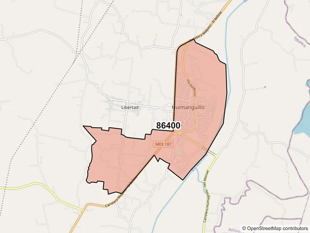 Mapa del código postal 86400, Huimanguillo, Tabasco