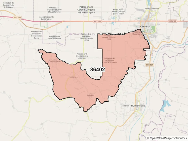 Mapa del código postal 86402, Huimanguillo, Tabasco