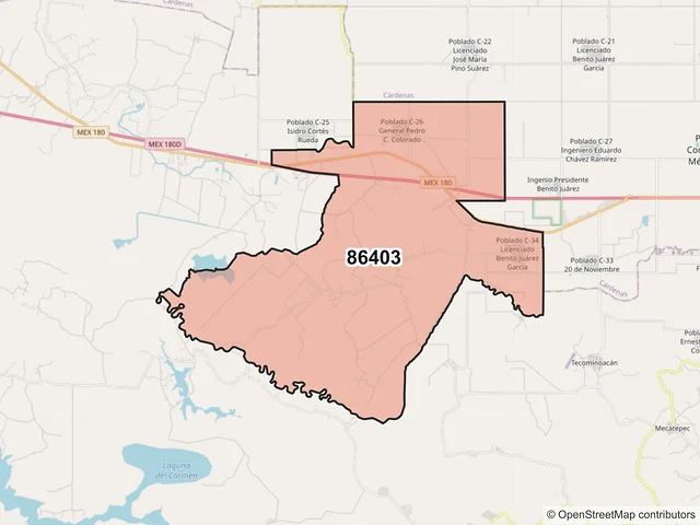 Mapa del código postal 86403, Huimanguillo, Tabasco