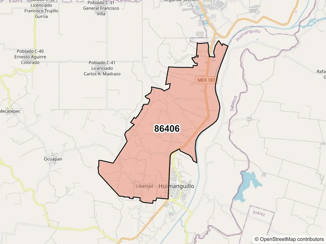 Mapa del código postal 86406, Huimanguillo, Tabasco