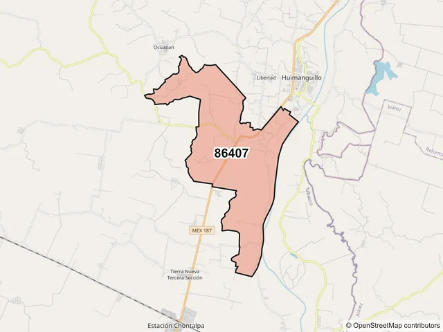 Mapa del código postal 86407, Huimanguillo, Tabasco