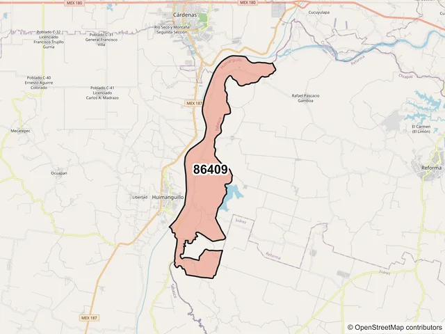Mapa del código postal 86409, Huimanguillo, Tabasco