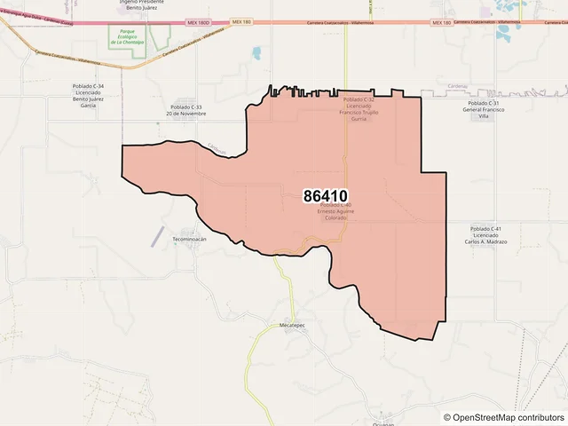 Mapa del código postal 86410, Huimanguillo, Tabasco