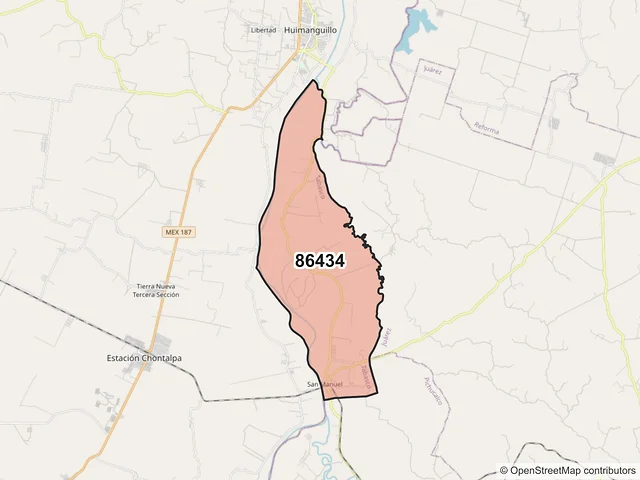 Mapa del código postal 86434, Huimanguillo, Tabasco