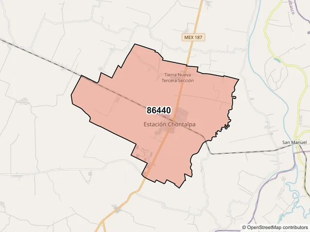 Mapa del código postal 86440, Huimanguillo, Tabasco