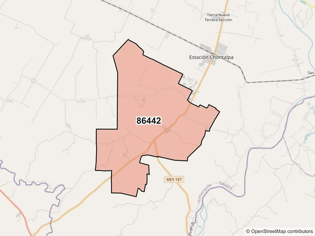 Mapa del código postal 86442, Huimanguillo, Tabasco