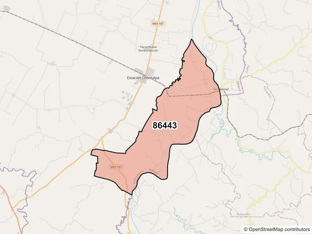 Mapa del código postal 86443, Huimanguillo, Tabasco