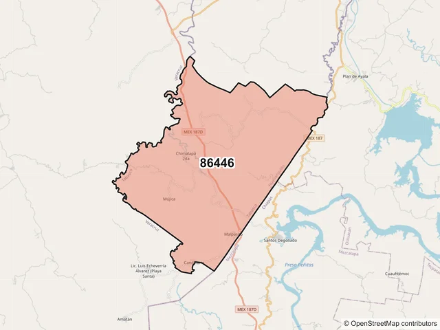 Mapa del código postal 86446, Huimanguillo, Tabasco