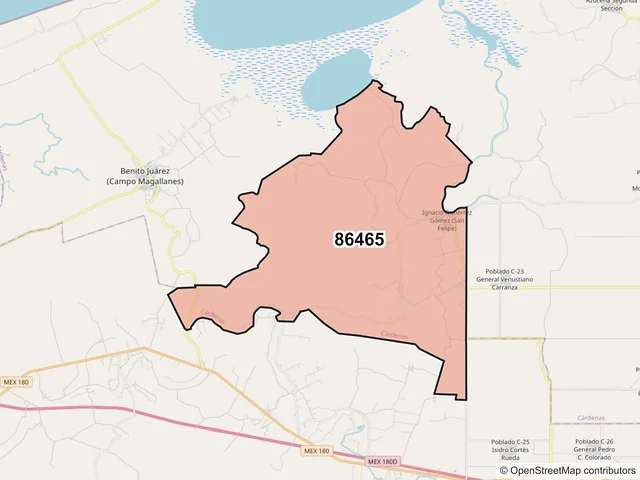Mapa del código postal 86465, Cárdenas, Tabasco