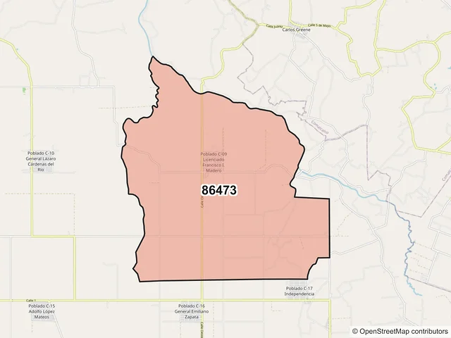 Mapa del código postal 86473, Cárdenas, Tabasco