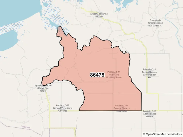 Mapa del código postal 86478, Cárdenas, Tabasco
