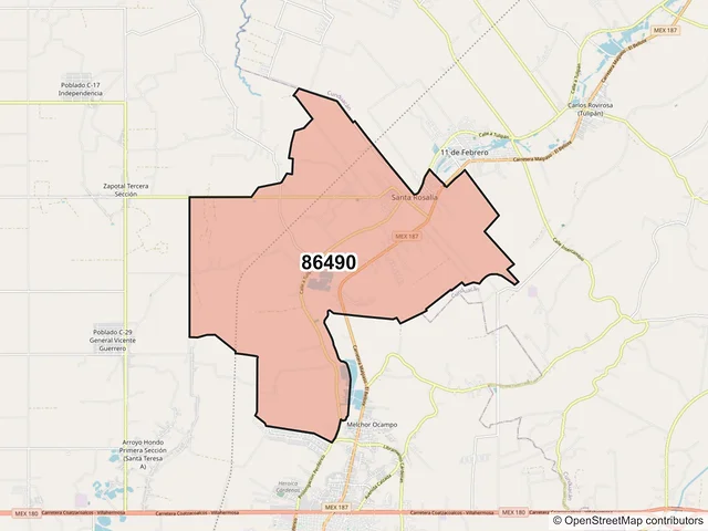 Mapa del código postal 86490, Cárdenas, Tabasco