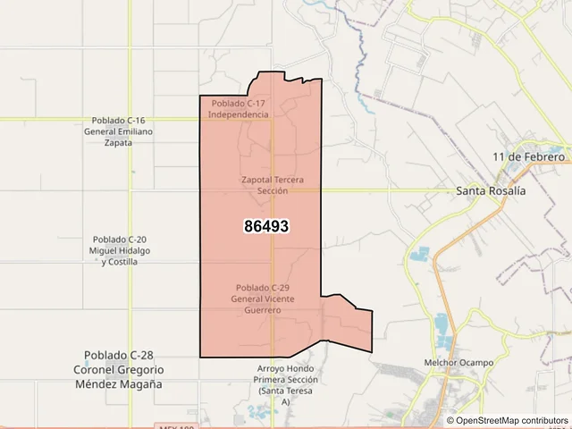 Mapa del código postal 86493, Cárdenas, Tabasco