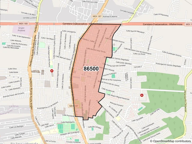 Mapa del código postal 86500, Cárdenas, Tabasco