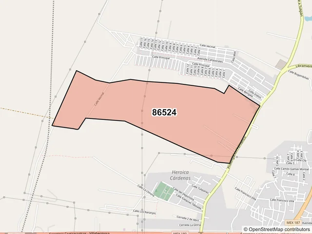 Mapa del código postal 86524, Cárdenas, Tabasco