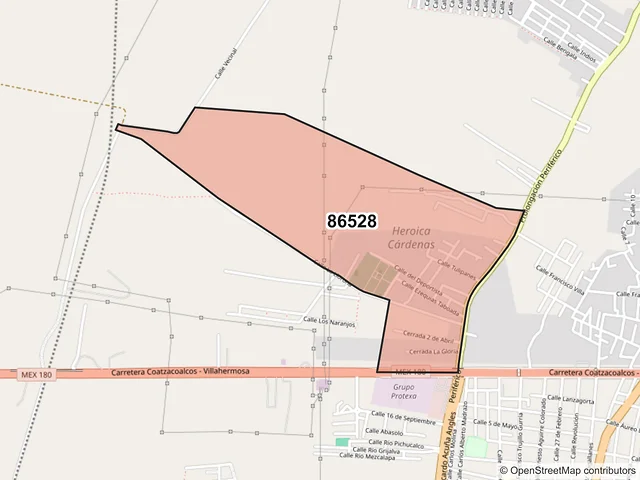 Mapa del código postal 86528, Cárdenas, Tabasco